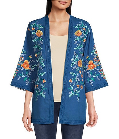 Calessa Petite Size Embroidered Lace Trim Detail 3/4 Sleeve Open-Front Kimono Cardigan