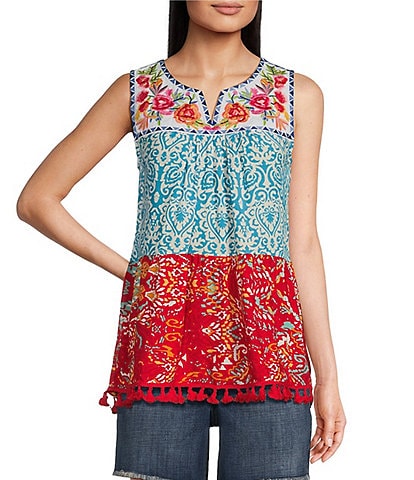 Calessa Petite Size Embroidered Patchwork Peasant Split V-Neck Sleeveless Blouse