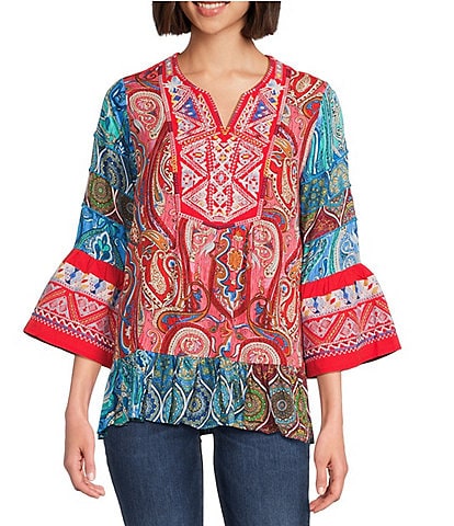 Calessa Petite Size Embroidered Patchwork Print Split V-Neck 3/4 Sleeve Tunic