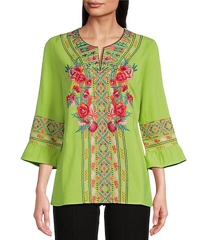 Calessa Petite Size Embroidered Patchwork Split Round Neck 3/4 Sleeve Tunic