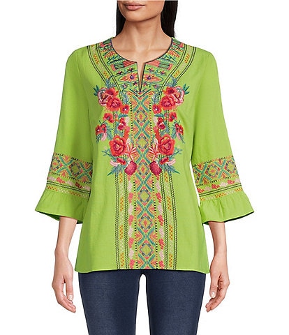 Calessa Petite Size Embroidered Patchwork Split Round Neck 3/4 Sleeve Tunic