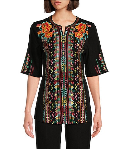 Calessa Petite Size Embroidered Patchwork Split Round Neck Short Sleeve Tunic