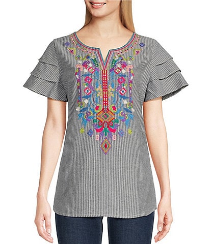 Calessa Petite Size Embroidered Patchwork Split Round Neck Layered Ruffle Short Sleeve Tunic