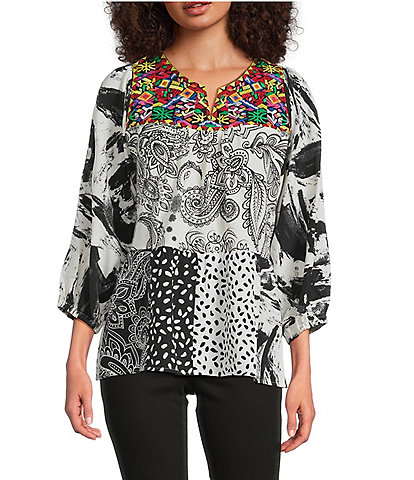 Calessa Petite Size Embroidered Patchwork Split V-Neck 3/4 Sleeve Tunic