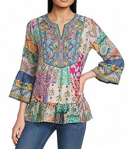 Calessa Petite Size Embroidered Patchwork Split V-Neck 3/4 Sleeve Tunic