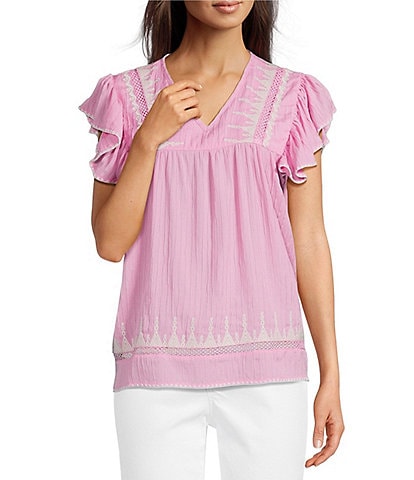 Calessa Petite Size Embroidered Patchwork Square Neck Short Sleeve Tunic