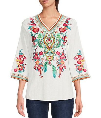 Calessa Petite Size Embroidered Patchwork Woven V-Neck 3/4 Sleeve Tunic