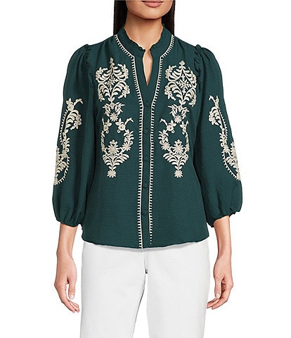 Calessa Petite Size Embroidered Placement Print Ruffle Split V-Neck 3/4 Sleeve Button Front Tunic