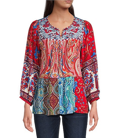 Calessa Petite Size Embroidered Printed Split V-Neck 3/4 Sleeve Tunic
