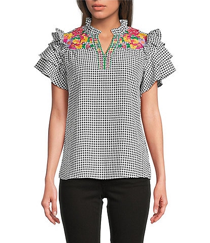 Calessa Petite Size Embroidered Printed Split V-Neck Short Sleeve Ruffle Tunic