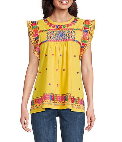Calessa Petite Size Embroidered Round Neck Ruffle Cap Sleeve Tunic