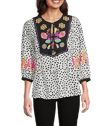 Calessa Petite Size Embroidered Round Split Neck 3/4 Sleeve Tassel Tie Tunic