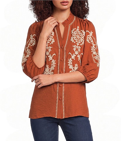 Calessa Petite Size Embroidered Ruffle Split V-Neck 3/4 Sleeve Button Front Tunic