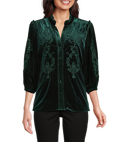 Calessa Petite Size Embroidered Ruffle Split V-Neck Long Sleeve Button Front Velvet Tunic