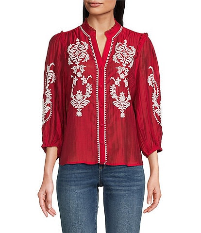 Calessa Petite Size Embroidered Split V-Neck 3/4 Sleeve Button Front Tunic