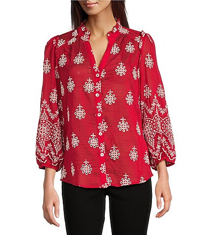 Calessa Petite Size Embroidered Split V-Neck 3/4 Sleeve Button Front Tunic