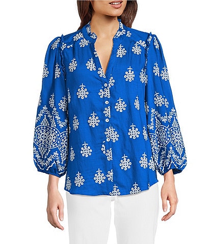 Calessa Petite Size Embroidered Split V-Neck Long Sleeve Button Front Tunic