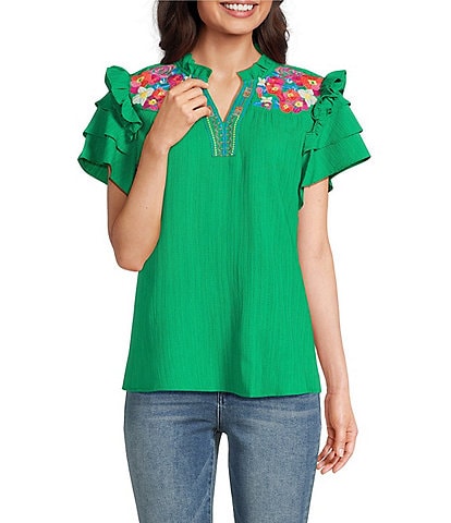 Calessa Petite Size Embroidered Split V-Neck Short Ruffle Sleeve Tunic