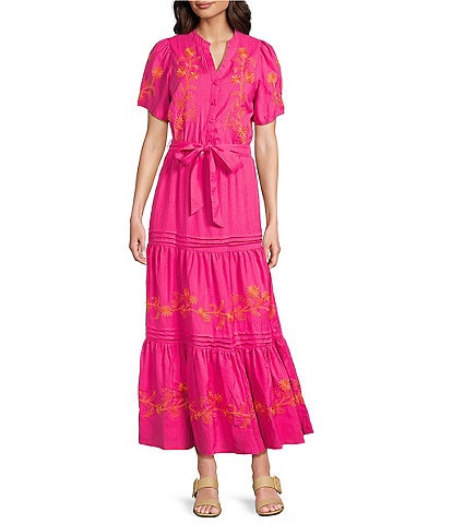 Calessa Petite Size Embroidered Split V-Neck Short Sleeve Belted Tiered Maxi Dress
