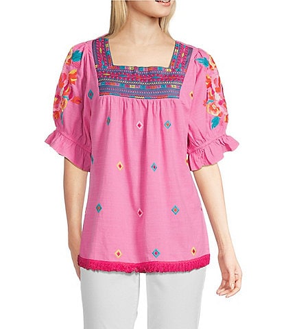 Calessa Petite Size Embroidered Square Neck Short Sleeve Top