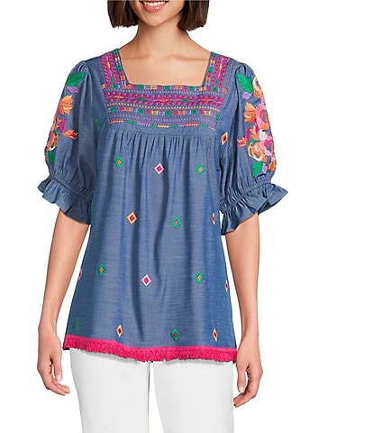 Calessa Petite Size Embroidered Square Neck Short Sleeve Tunic