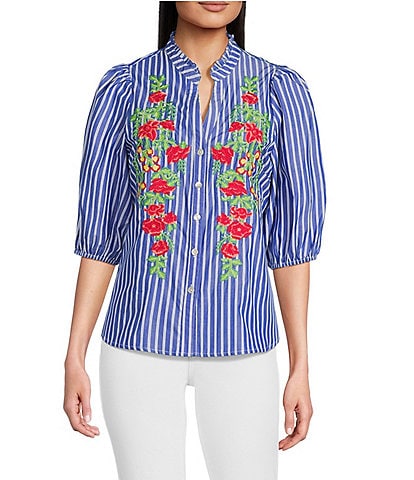 Calessa Petite Size Embroidered Stripe High Ruffle Split V-Neck Elbow Sleeve Button Front Tunic