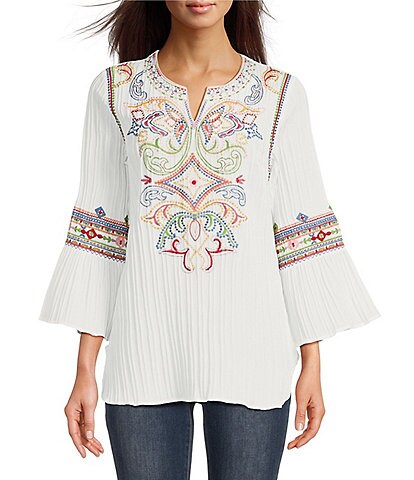 Calessa Petite Size Embroidered Textured Split Jewel Neck 3/4 Bell Sleeve Tunic