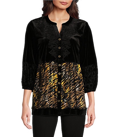 Calessa Petite Size Embroidered Velvet Tiered Patchwork Animal Print Split V-Neck 3/4 Sleeve Tunic