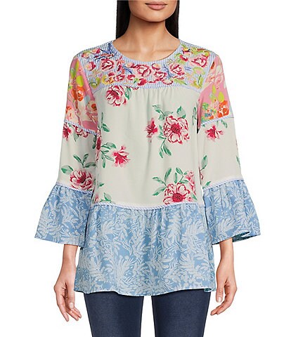 Calessa Petite Size Embroidered Yoke Patchwork Print Jewel Neck 3/4 Sleeve Tiered Tunic