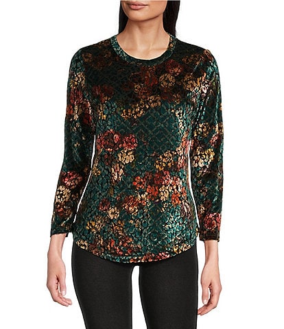 Calessa Petite Size Floral Burnout Velvet Crew Neck Long Sleeve Top