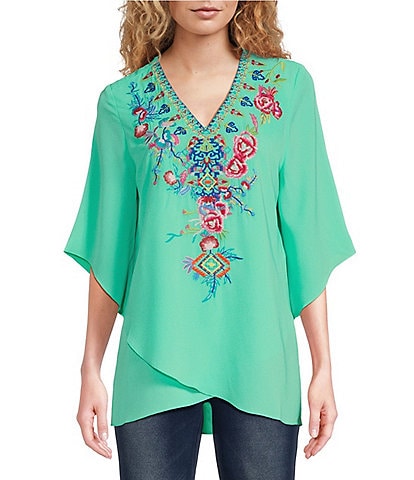 Calessa Petite Size Floral Embroidered V-Neck 3/4 Sleeve Asymmetrical Crossover Hem Tunic