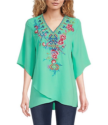 Calessa Petite Size Floral Embroidered V-Neck 3/4 Sleeve Asymmetrical Crossover Hem Tunic