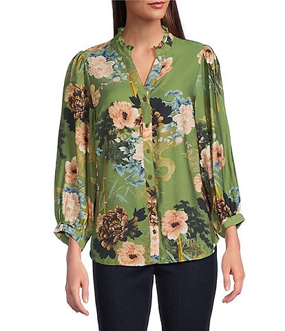Calessa Petite Size Floral Split V-Neck 3/4 Sleeve Button Front Tunic