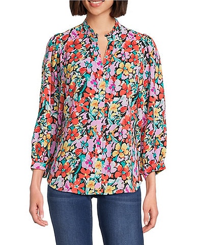 Calessa Petite Size Floral Split V-Neck 3/4 Sleeve Button Front Tunic