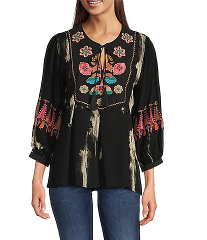 Calessa Petite Size Floral Tie-Dye Embordered Split Neck Tassel Tie Long Sleeve Tunic