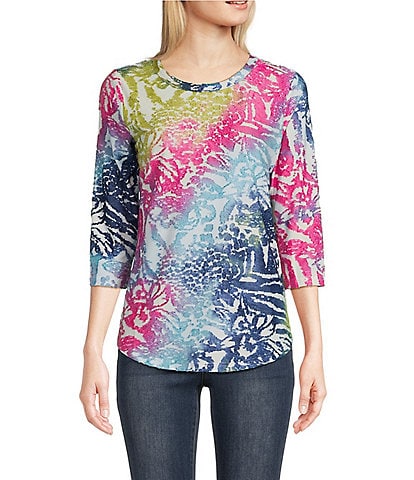 Calessa Petite Size Jacquard Burnout Tie Dye Print Jewel Neck 3/4 Sleeve Shirttail Hem Knit Top