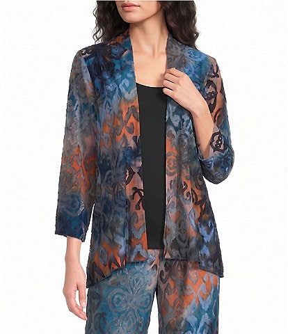 Calessa Petite Size Knit Burnout Draped Front 3/4 Sleeve Open Front Cardigan
