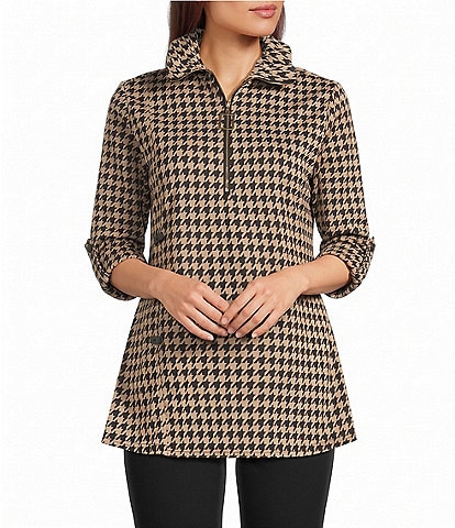 Calessa Petite Size Knit Houndstooth Quarter Zip Mock Neck 3/4 Roll-Tab Sleeve Top