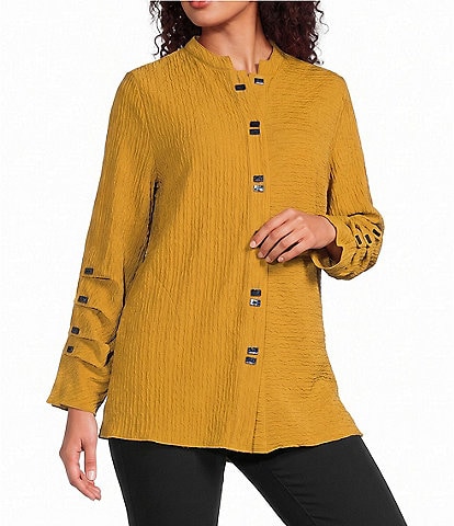 Calessa Petite Size Knit Split Round Neck Long Sleeve Button Front Tunic