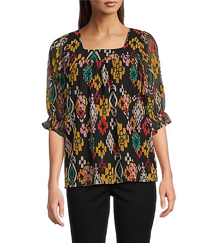 Calessa Petite Size Mesh Knit Abstract Ikat Print Square Neck Elbow Sleeve Tunic