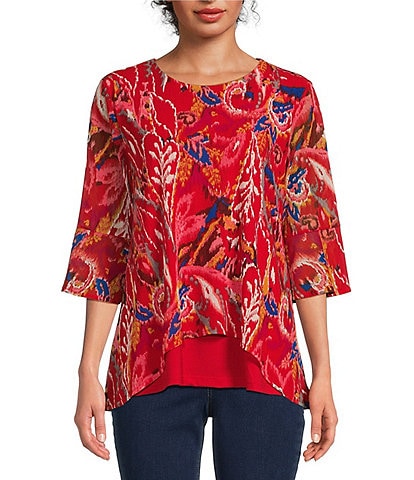 Calessa Petite Size Mesh Knit Abstract Mosaic Print Scoop Neck 3/4 Ruffle Sleeve High-Low Hem Double Layer Tunic