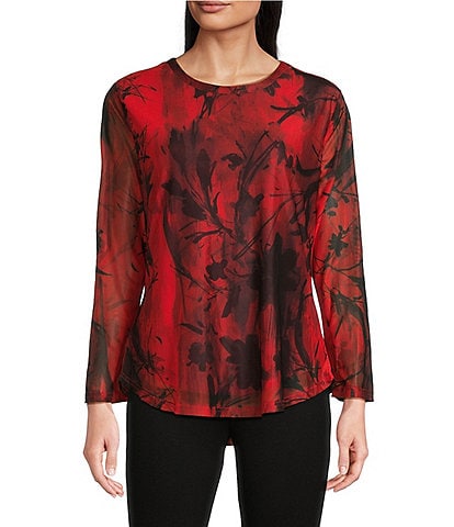 Calessa Petite Size Mesh Knit Abstract Print Crew Neck Long Sleeve Top