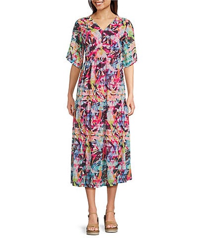 Calessa Petite Size Mesh Knit Floral V-Neck Short Sleeve A-Line Midi Dress