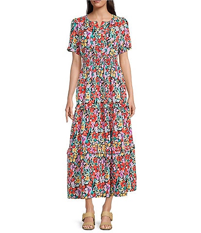 Calessa Petite Size Mesh Knit Floral V-Neck Short Sleeve Midi Dress