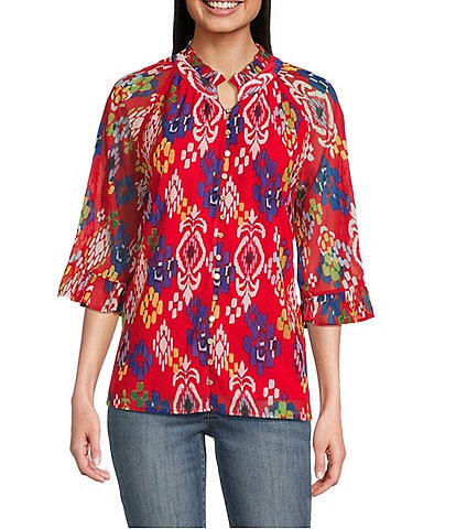 Calessa Petite Size Mesh Knit Printed Round Split Neck 3/4 Sleeve Button-Front Tunic
