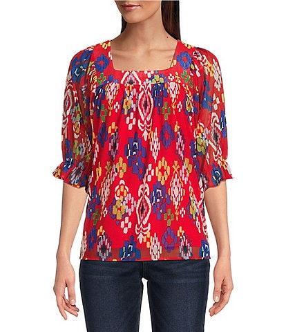 Calessa Petite Size Mesh Knit Printed Square Neck Elbow Sleeve Tunic