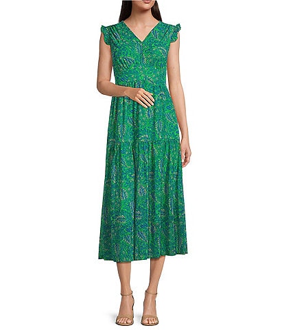 Calessa Petite Size Mesh Knit Vintage Leaf Print Plunge V-Neck Cap Sleeve Fit & Flare Dress