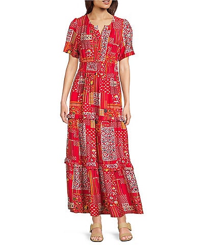 Calessa Petite Size Mini Garden Floral Split V-Neck Short Sleeve Tiered Dress