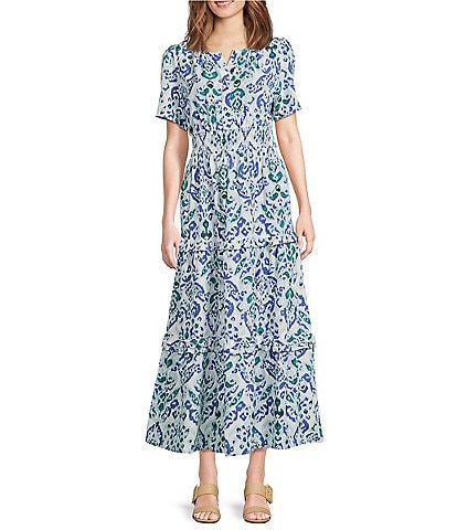 Calessa Petite Size Modern Ikat Print Split V-Neck Short Sleeve Tiered Maxi Dress
