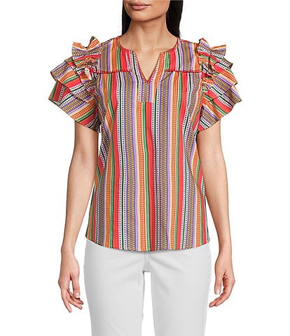 Calessa Petite Size Multi Stripe Split V-Neck Short Ruffle Sleeve Tunic
